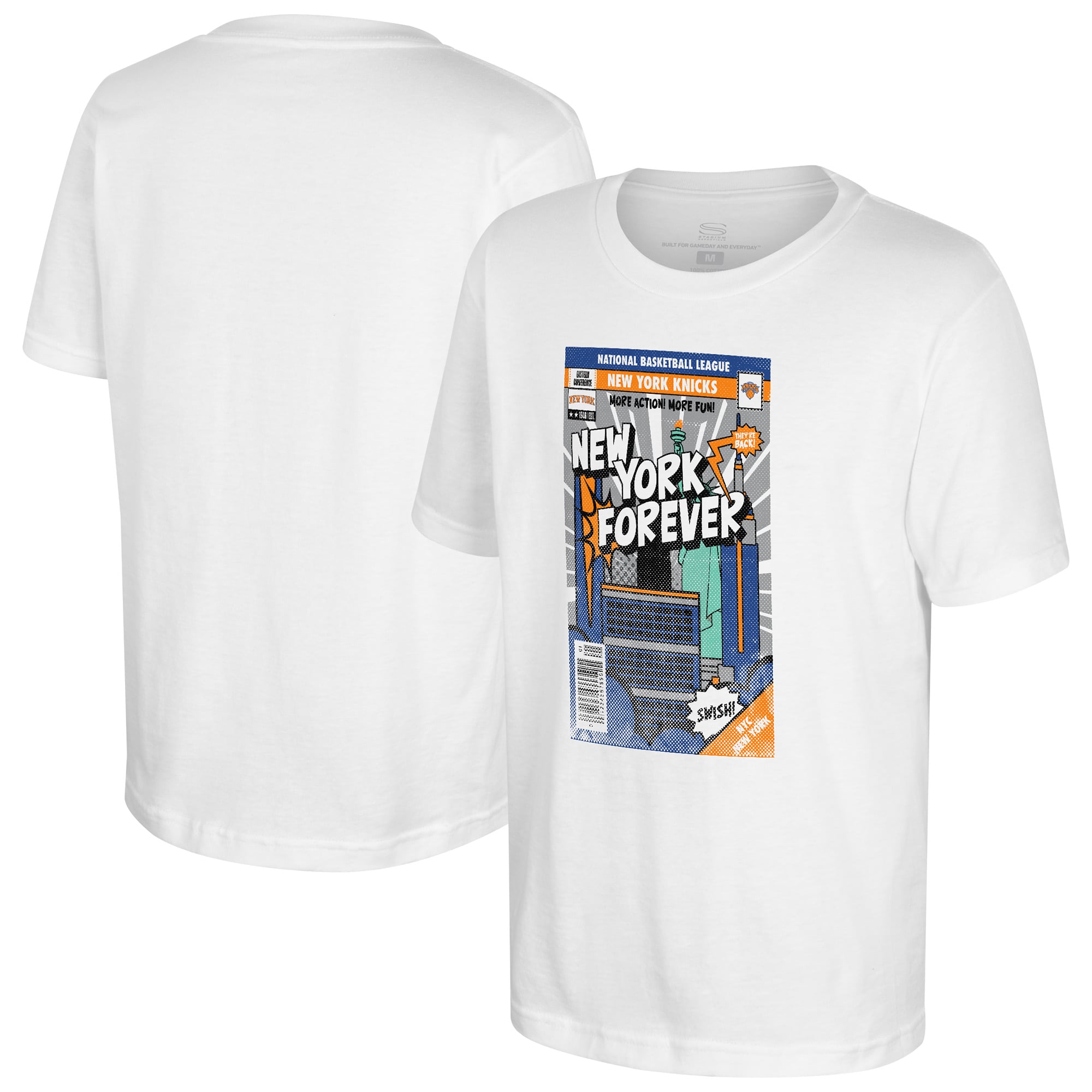 Youth Stadium Essentials White New York Knicks Comic Book Cover T-Shirt