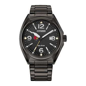 Men's Citizen Watch Black Louisville Cardinals Eco-Drive Sport Casual Stainless Steel Black Dial Bracelet Watch