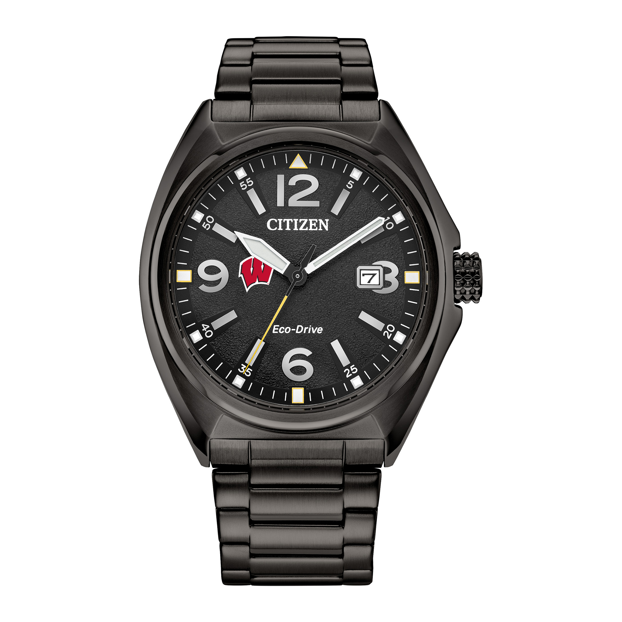 Men's Citizen Watch Black Wisconsin Badgers Eco-Drive Sport Casual Stainless Steel Black Dial Bracelet Watch