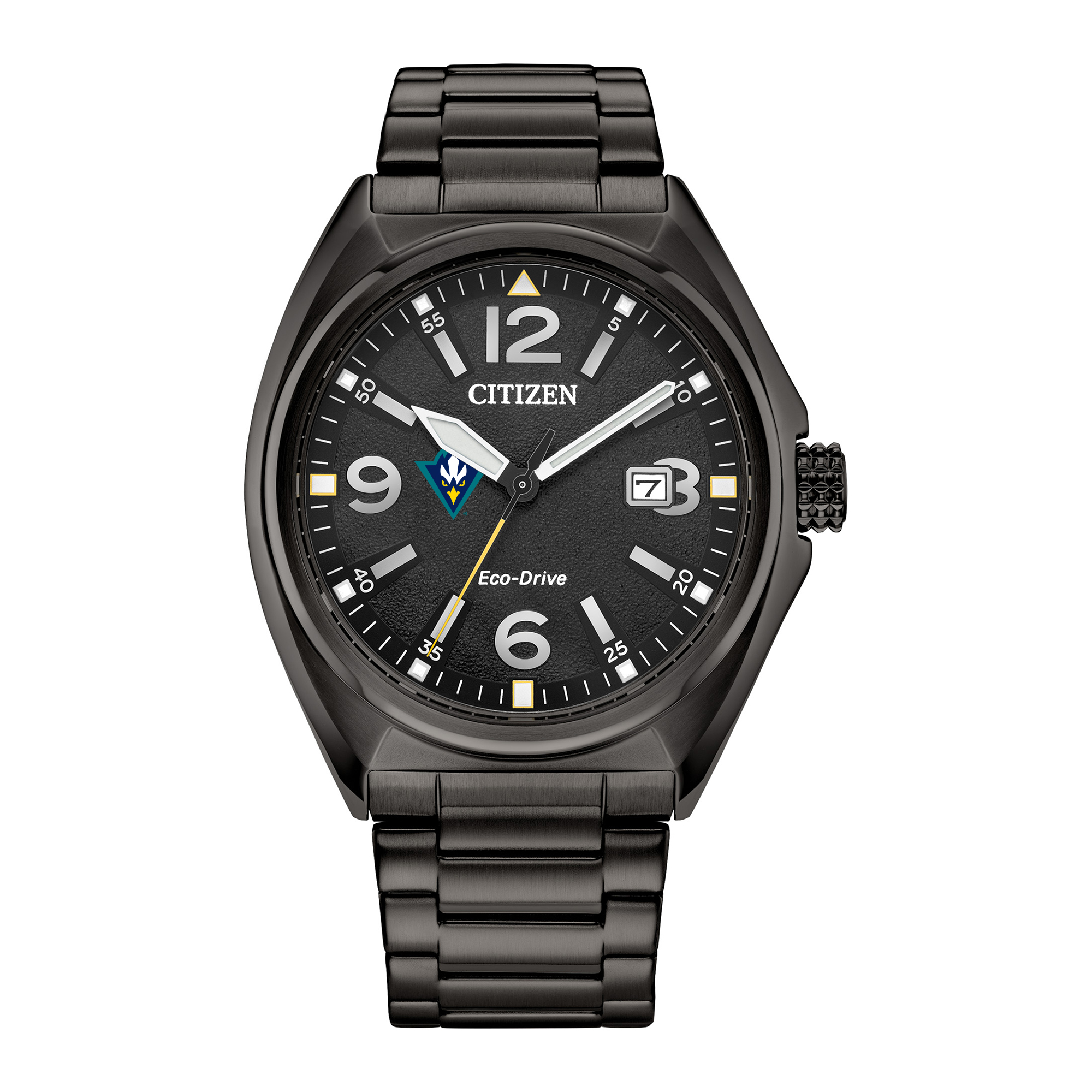 Men's Citizen Watch Black UNC Wilmington Seahawks Eco-Drive Sport Casual Stainless Steel Black Dial Bracelet Watch