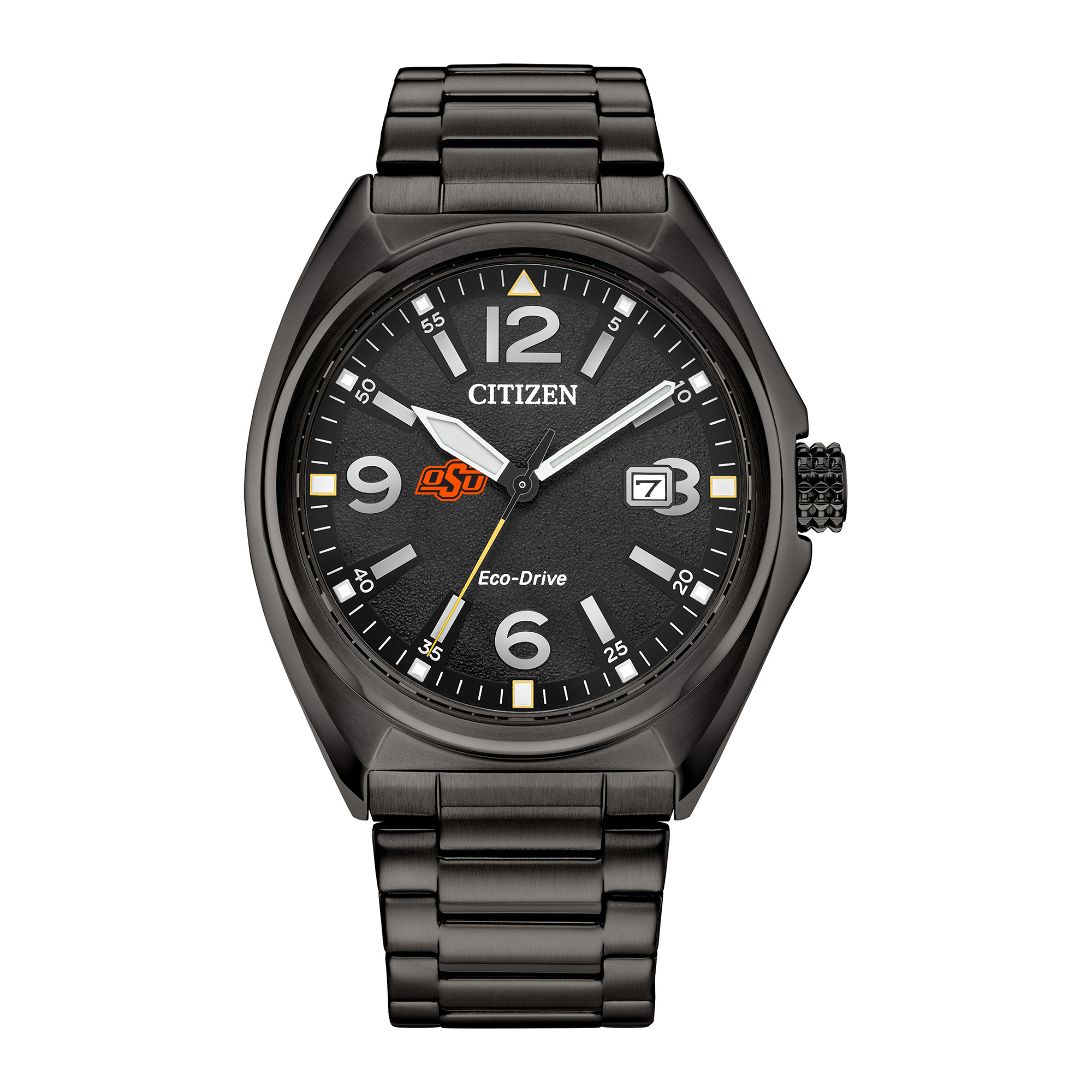 Men's Citizen Watch Black Oklahoma State Cowboys Eco-Drive Sport Casual Stainless Steel Black Dial Bracelet Watch