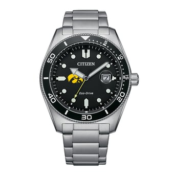 Men's Citizen Watch Silver Iowa Hawkeyes Eco-Drive Sport Casual Stainless Black Dial Steel Watch