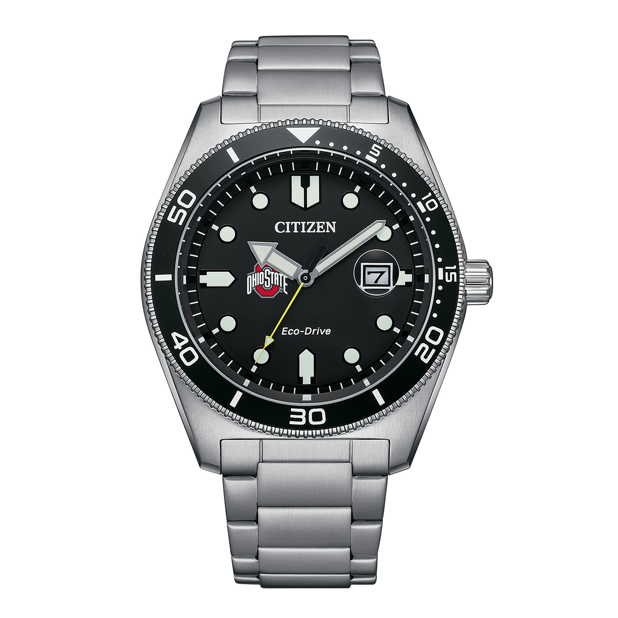 Men's Citizen Watch Silver Ohio State Buckeyes Eco-Drive Sport Casual Stainless Black Dial Steel Watch