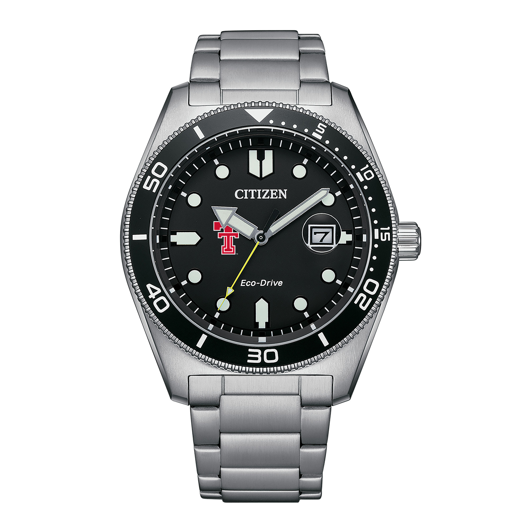 Men's Citizen Watch Silver Texas Tech Red Raiders Eco-Drive Sport Casual Stainless Black Dial Steel Watch