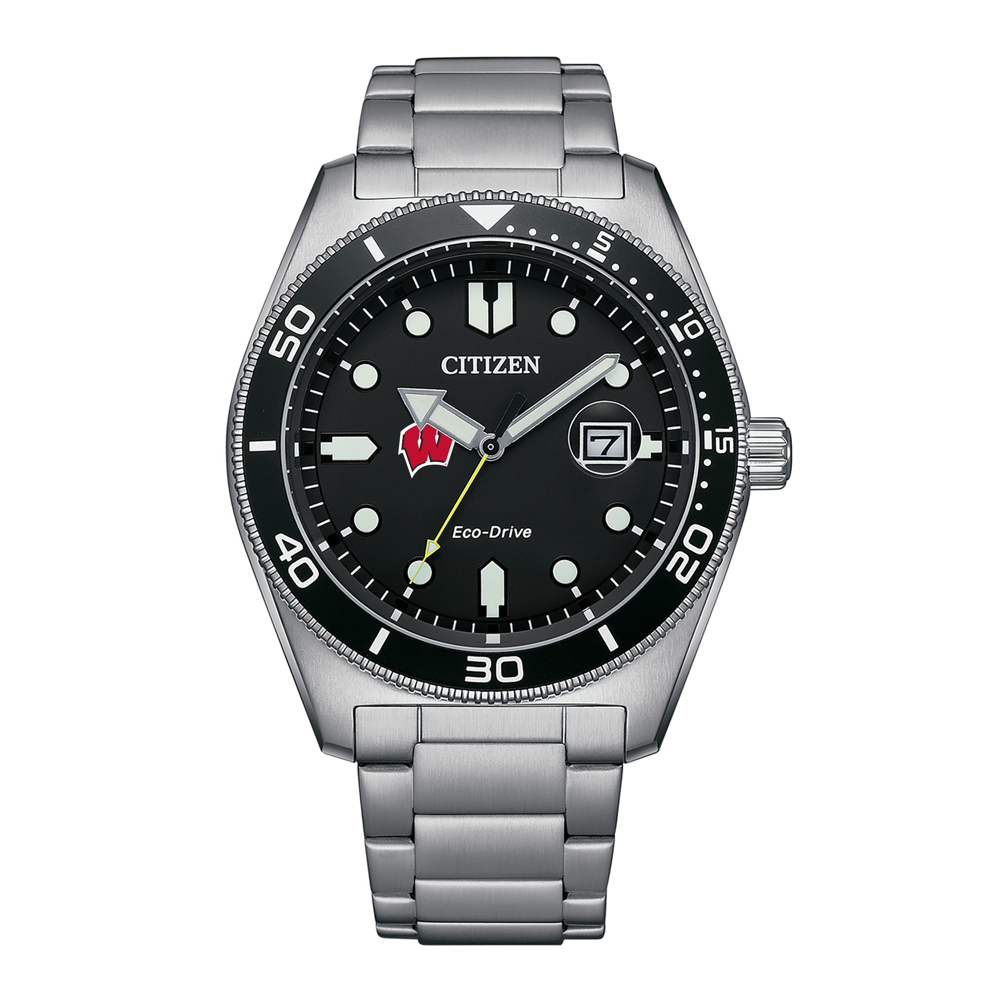 Men's Citizen Watch Silver Wisconsin Badgers Eco-Drive Sport Casual Stainless Black Dial Steel Watch