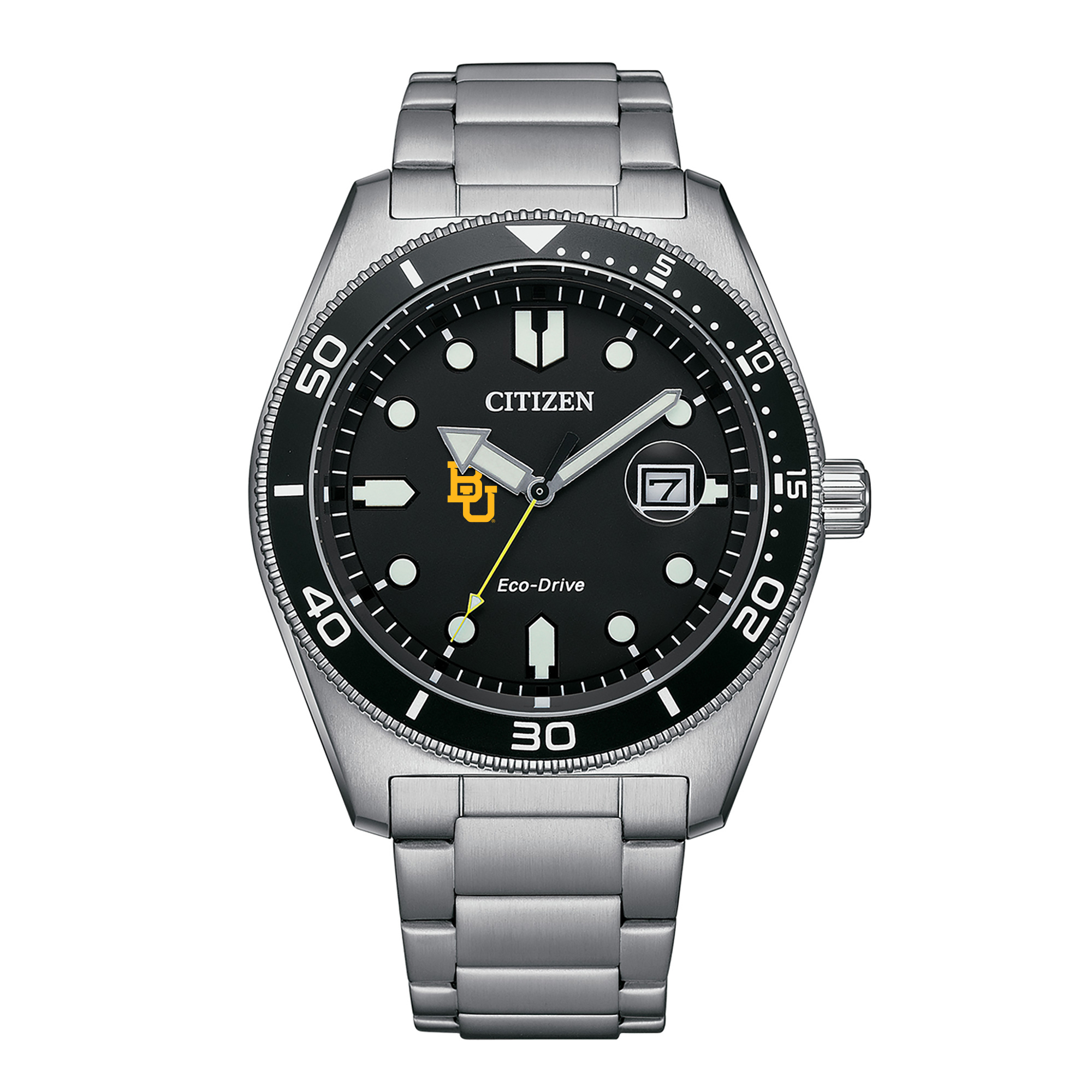 Men's Citizen Watch Silver Baylor Bears Eco-Drive Sport Casual Stainless Black Dial Steel Watch