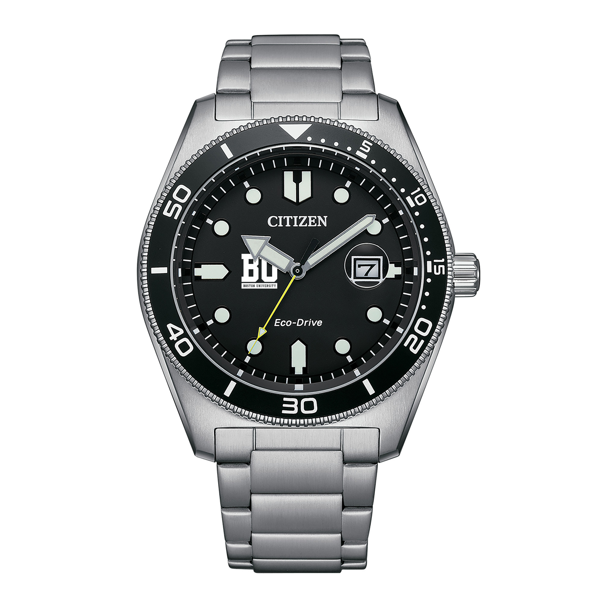 Men's Citizen Watch Silver Boston University Eco-Drive Sport Casual Stainless Black Dial Steel Watch
