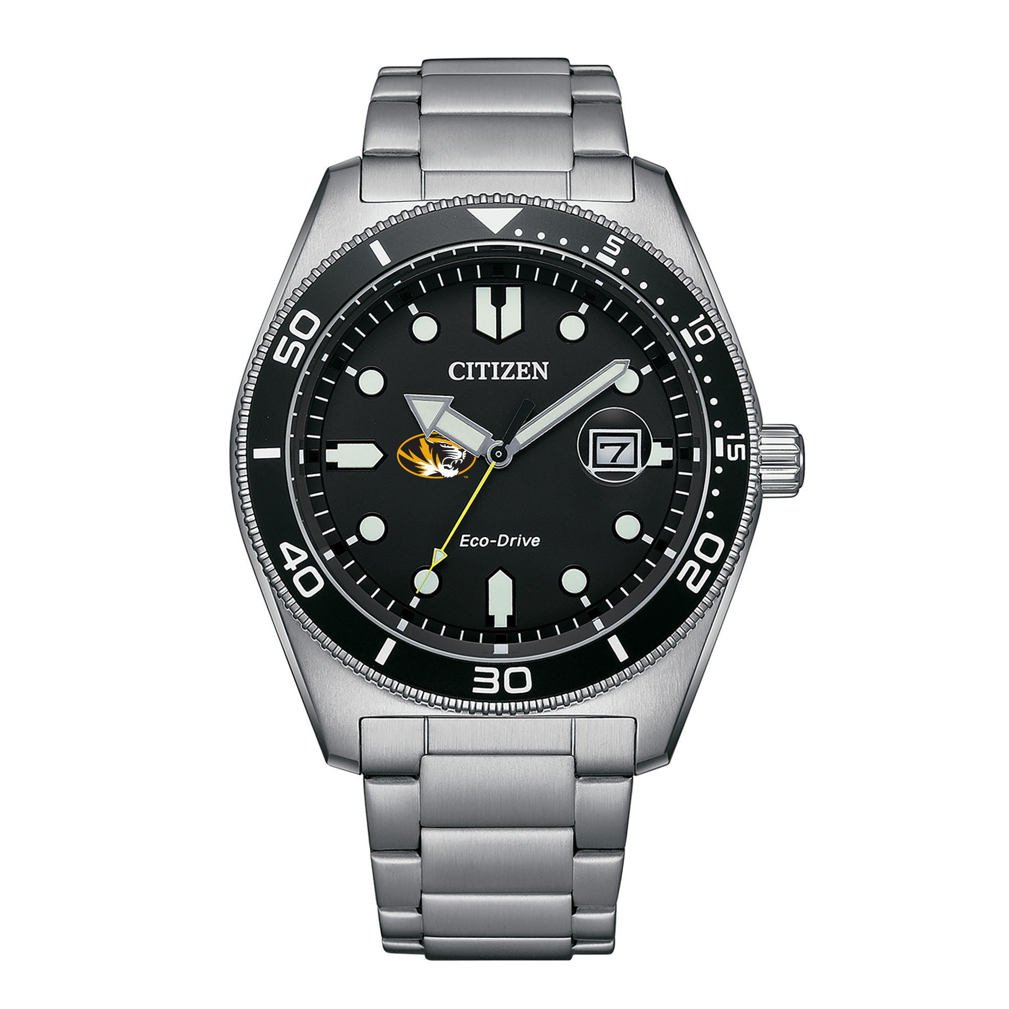 Men's Citizen Watch Silver Missouri Tigers Eco-Drive Sport Casual Stainless Black Dial Steel Watch