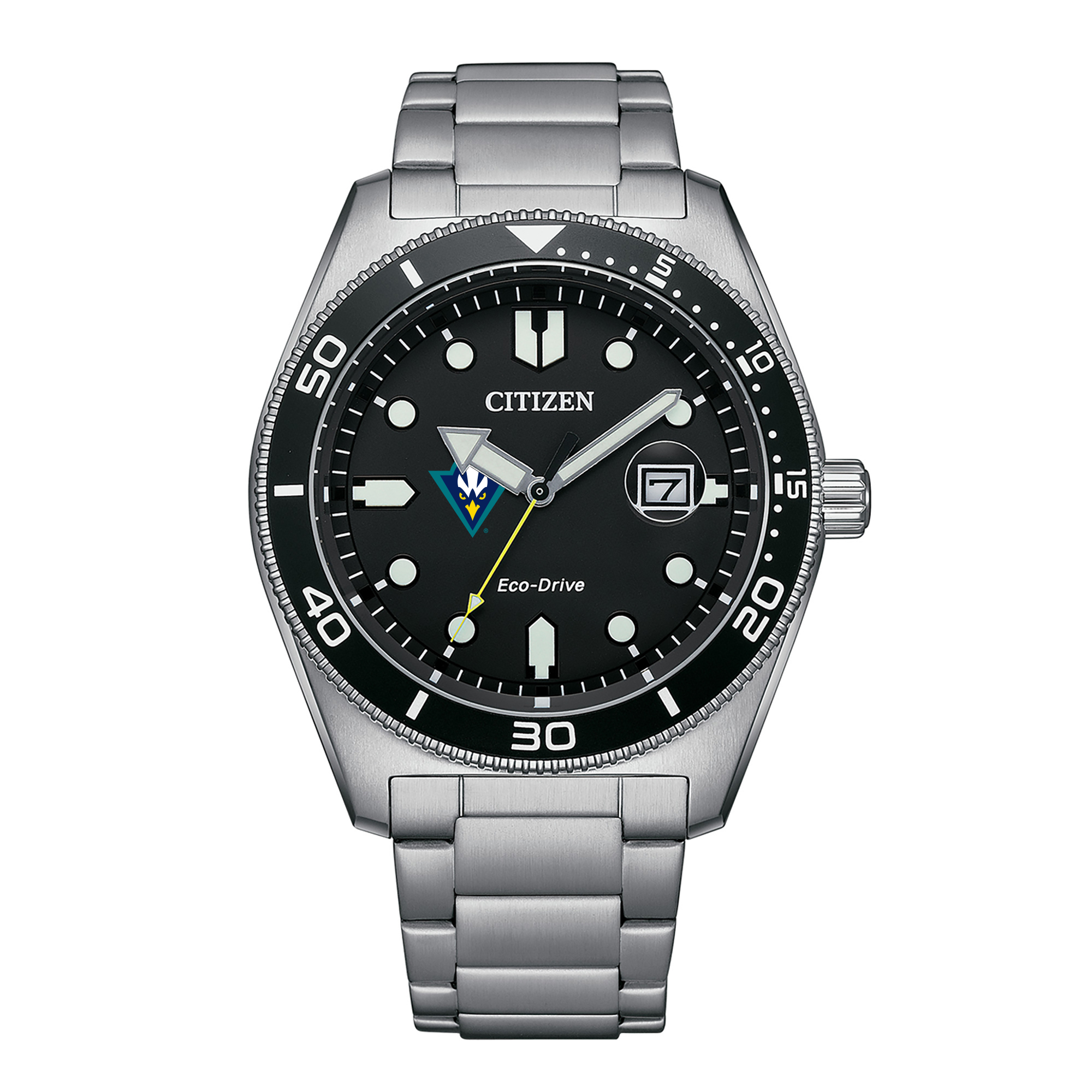 Men's Citizen Watch Silver UNC Wilmington Seahawks Eco-Drive Sport Casual Stainless Black Dial Steel Watch