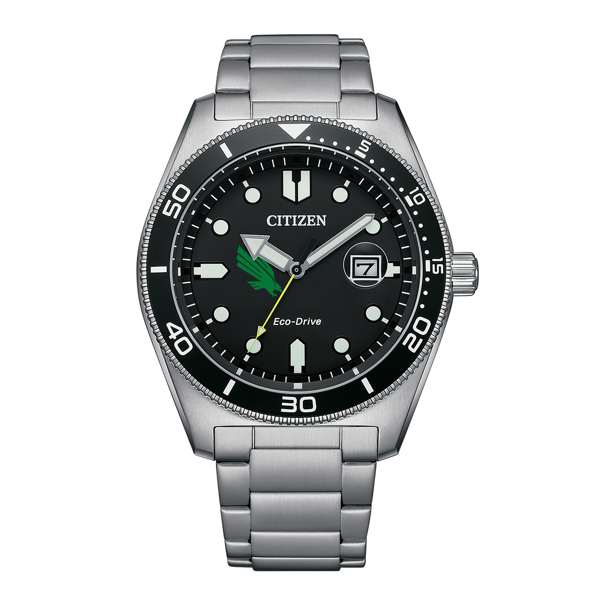Men's Citizen Watch Silver North Texas Mean Green Eco-Drive Sport Casual Stainless Black Dial Steel Watch