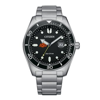 Men's Citizen Watch Silver Oklahoma State Cowboys Eco-Drive Sport Casual Stainless Black Dial Steel Watch