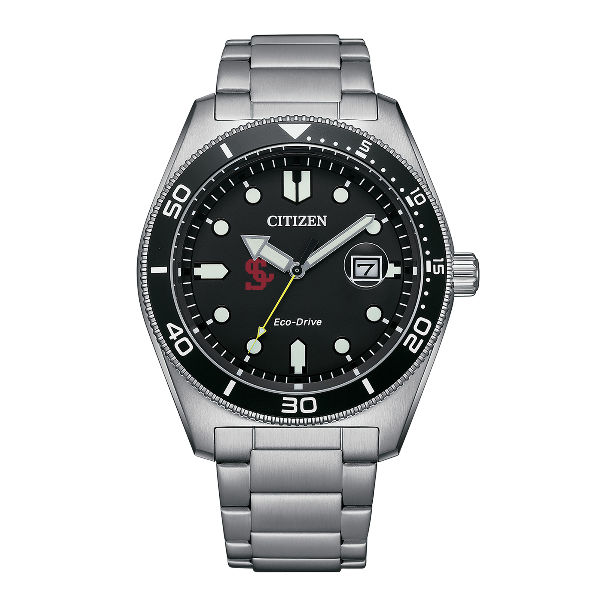 Men's Citizen Watch Silver Santa Clara Broncos Eco-Drive Sport Casual Stainless Black Dial Steel Watch