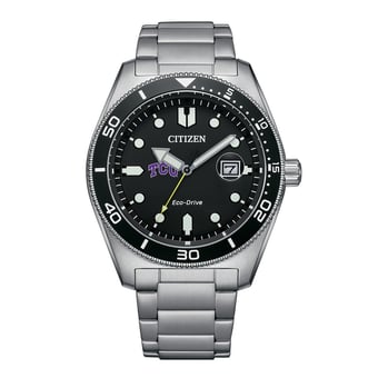 Men's Citizen Watch Silver TCU Horned Frogs Eco-Drive Sport Casual Stainless Black Dial Steel Watch