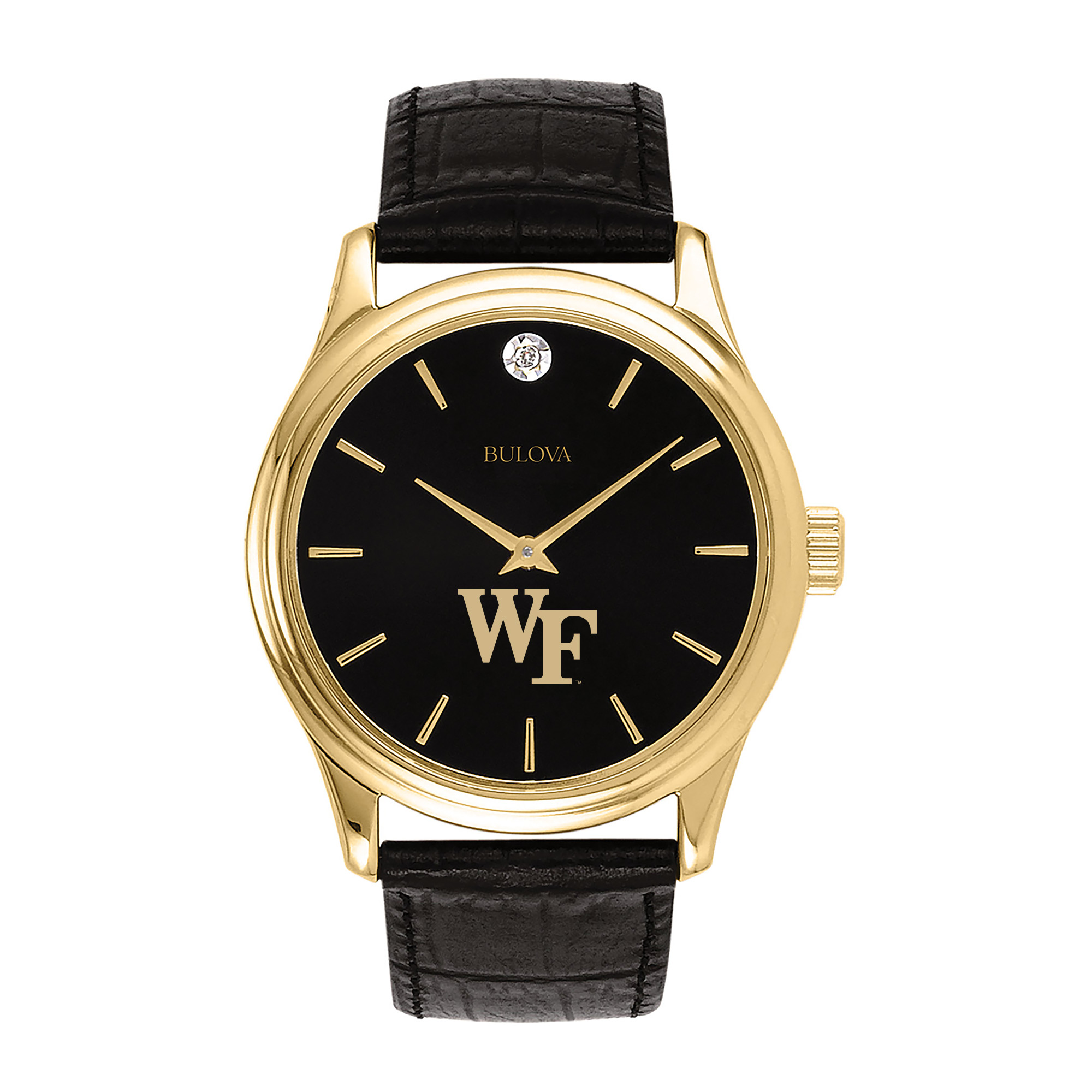Men's Bulova Gold Wake Forest Demon Deacons Leather Strap Watch with Diamond Black Dial