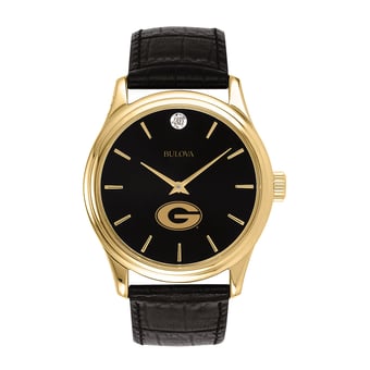 Men's Bulova Gold Georgia Bulldogs Leather Strap Watch with Diamond Black Dial