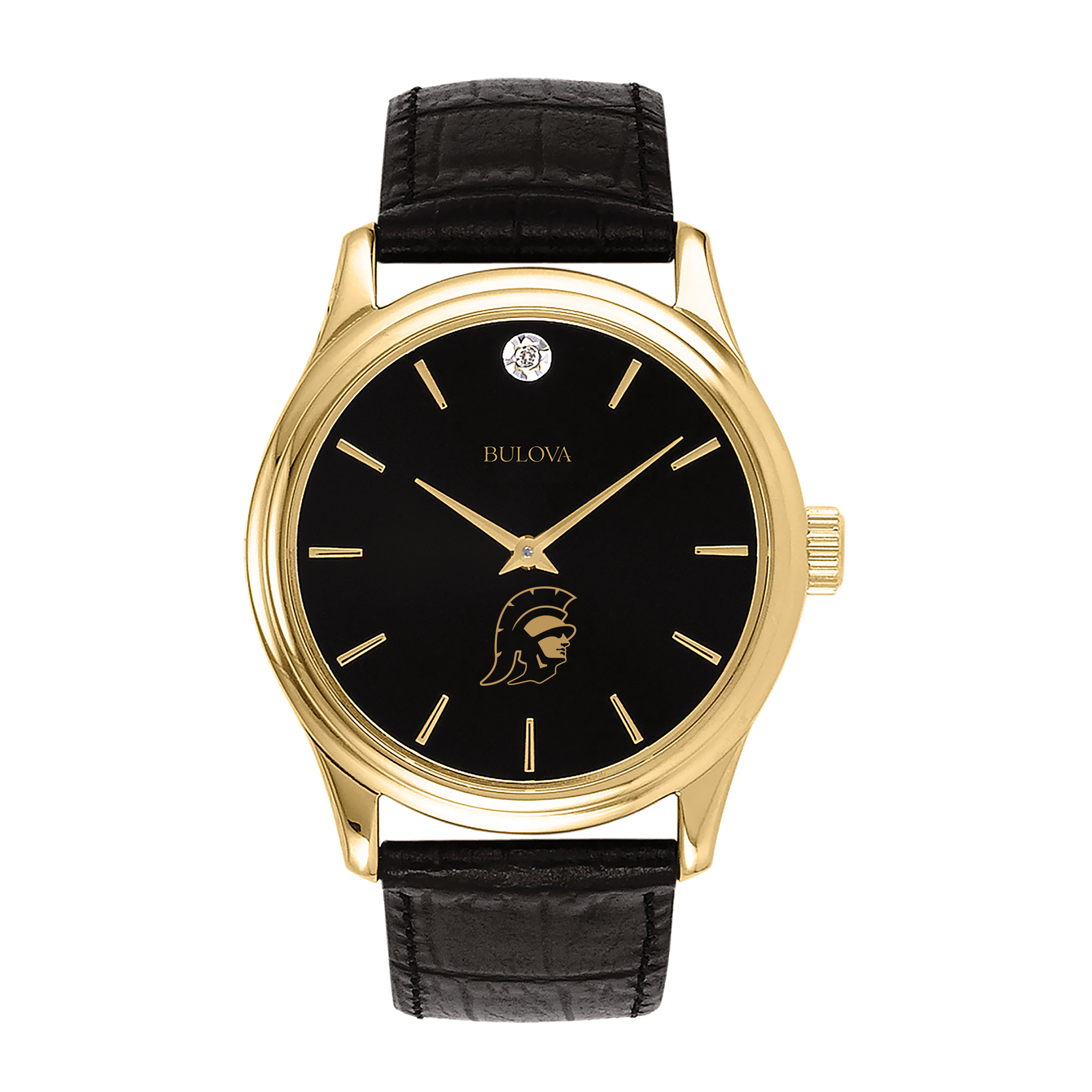 Men's Bulova Gold USC Trojans Leather Strap Watch with Diamond Black Dial