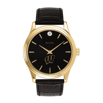 Men's Bulova Gold Wisconsin Badgers Leather Strap Watch with Diamond Black Dial