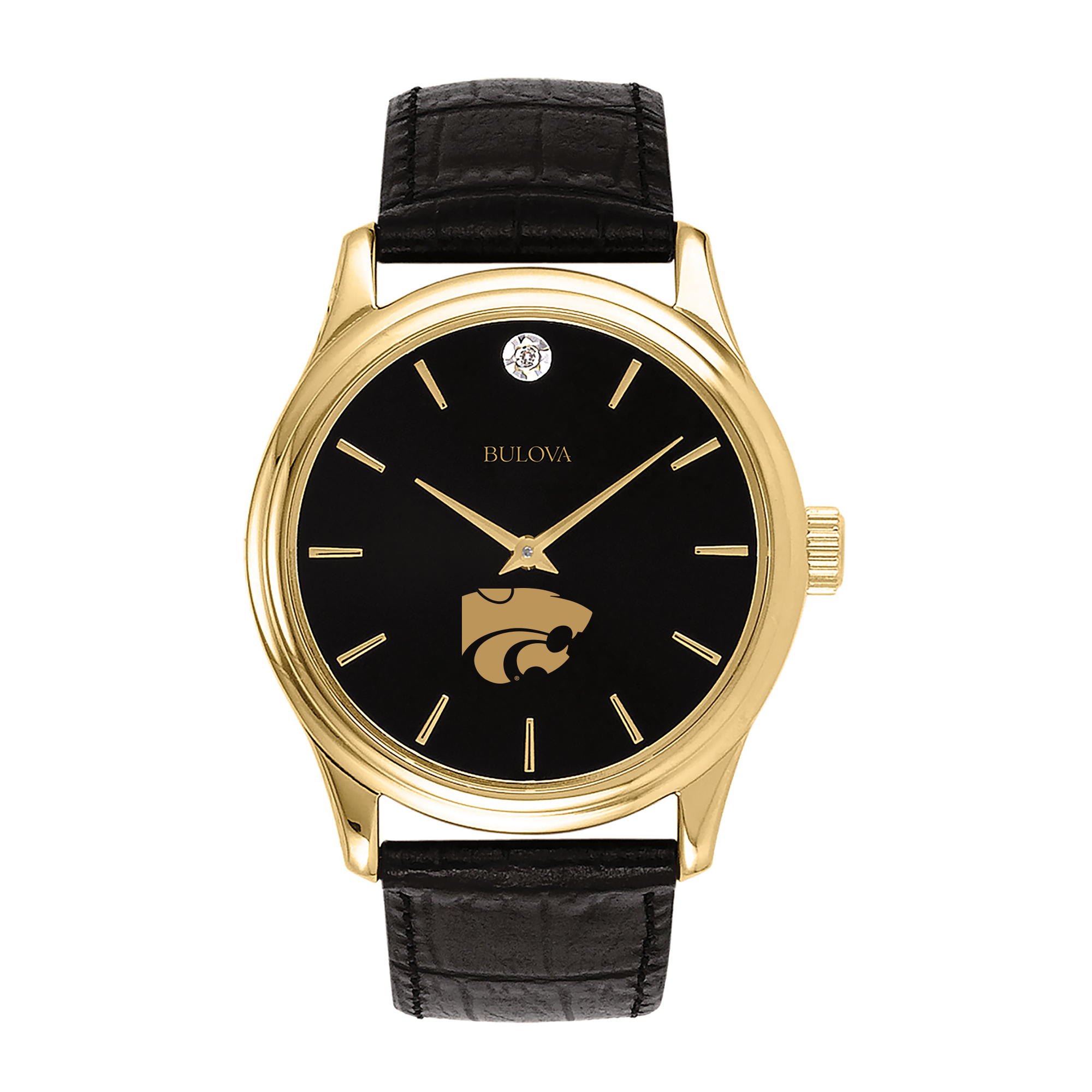 Men's Bulova Gold Kansas State Wildcats Leather Strap Watch with Diamond Black Dial