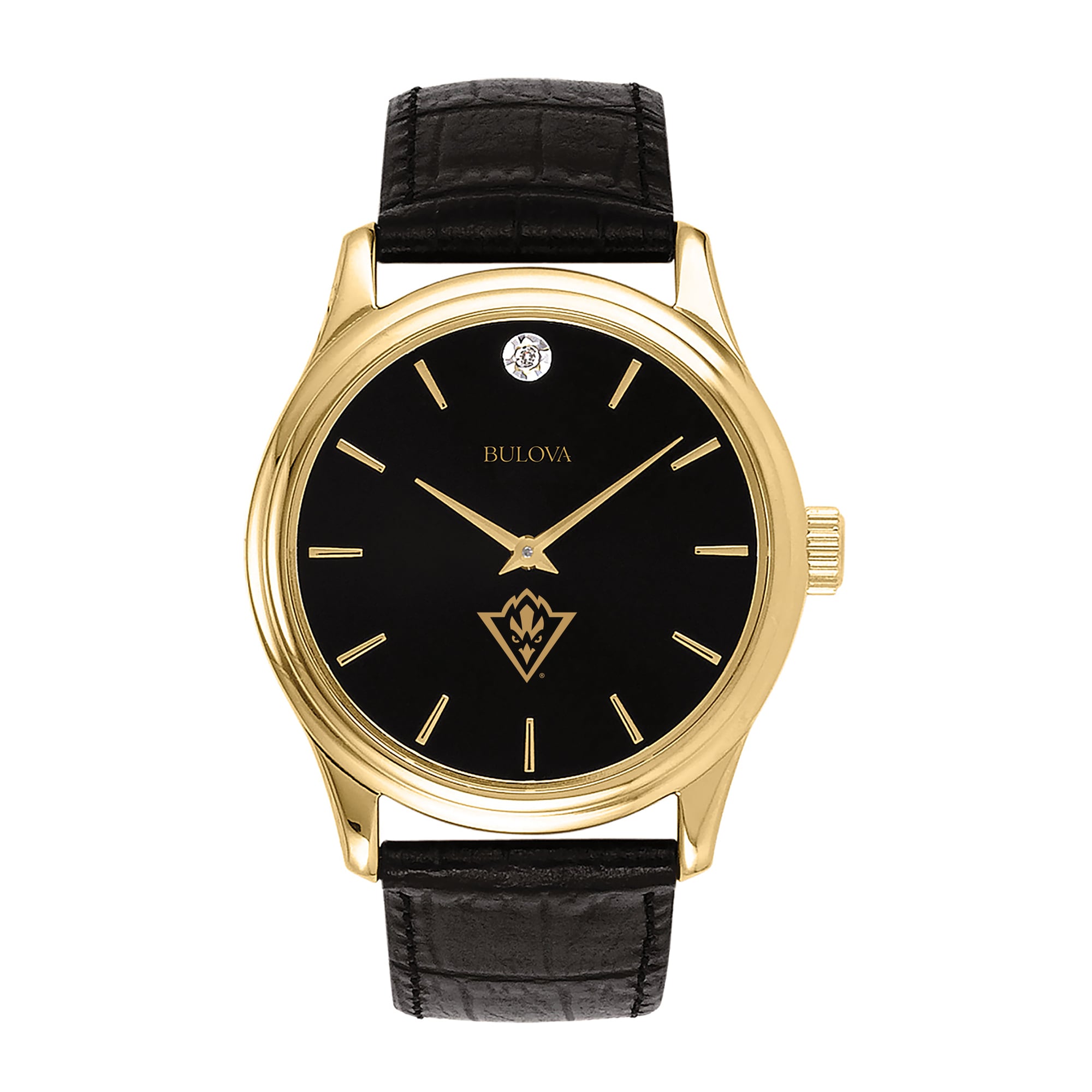 Men's Bulova Gold UNC Wilmington Seahawks Leather Strap Watch with Diamond Black Dial
