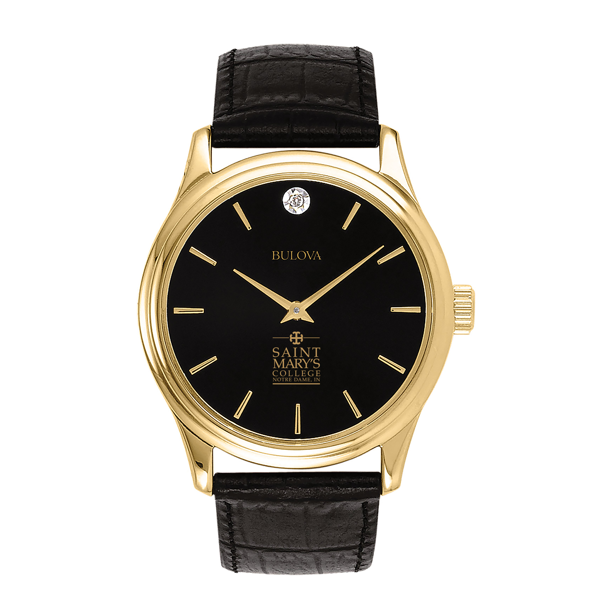 Men's Bulova Gold Saint Mary's Belles Leather Strap Watch with Diamond Black Dial