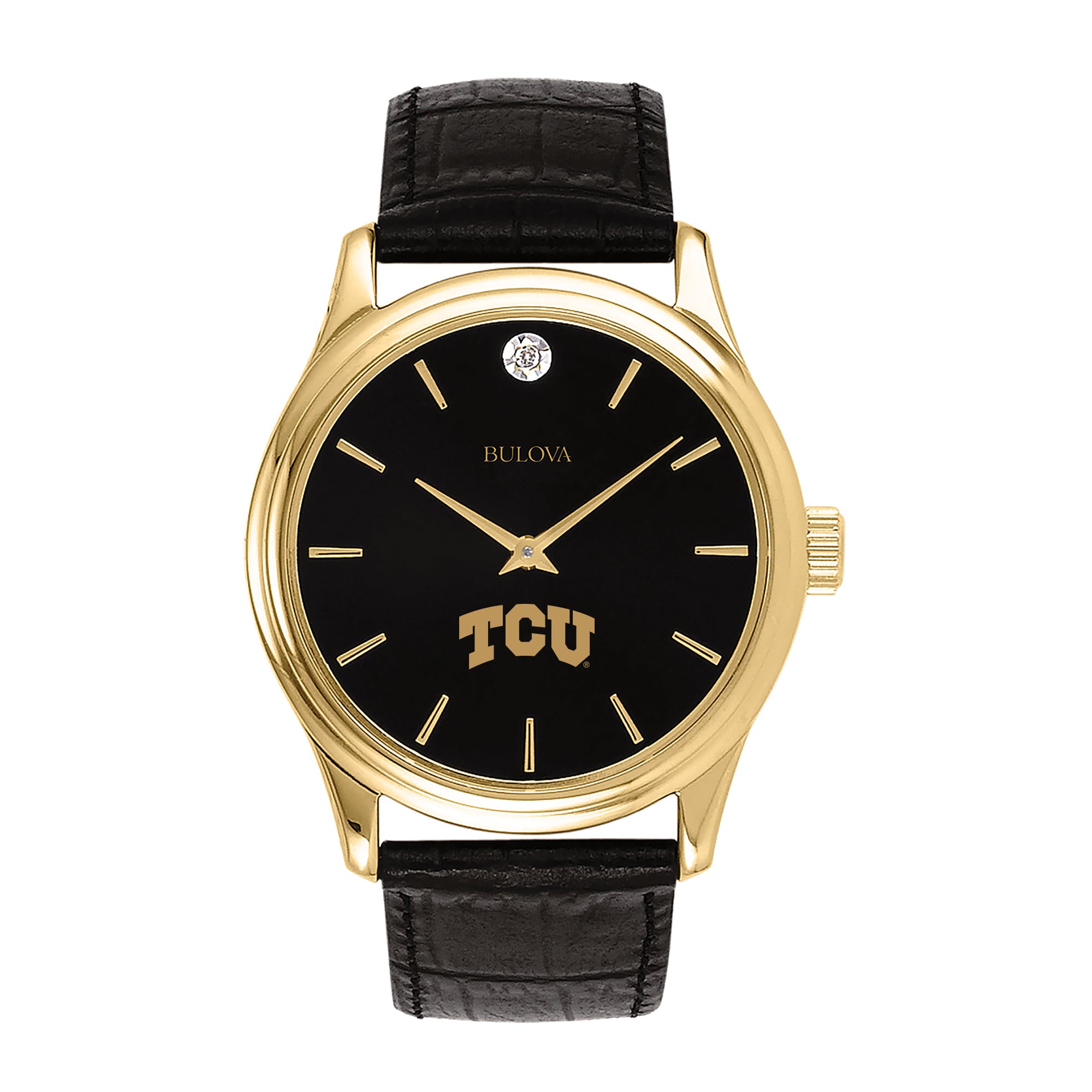 Men's Bulova Gold TCU Horned Frogs Leather Strap Watch with Diamond Black Dial