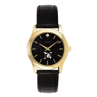 Women's Bulova Gold Northeastern Huskies Leather Strap Watch with Diamond Black Dial