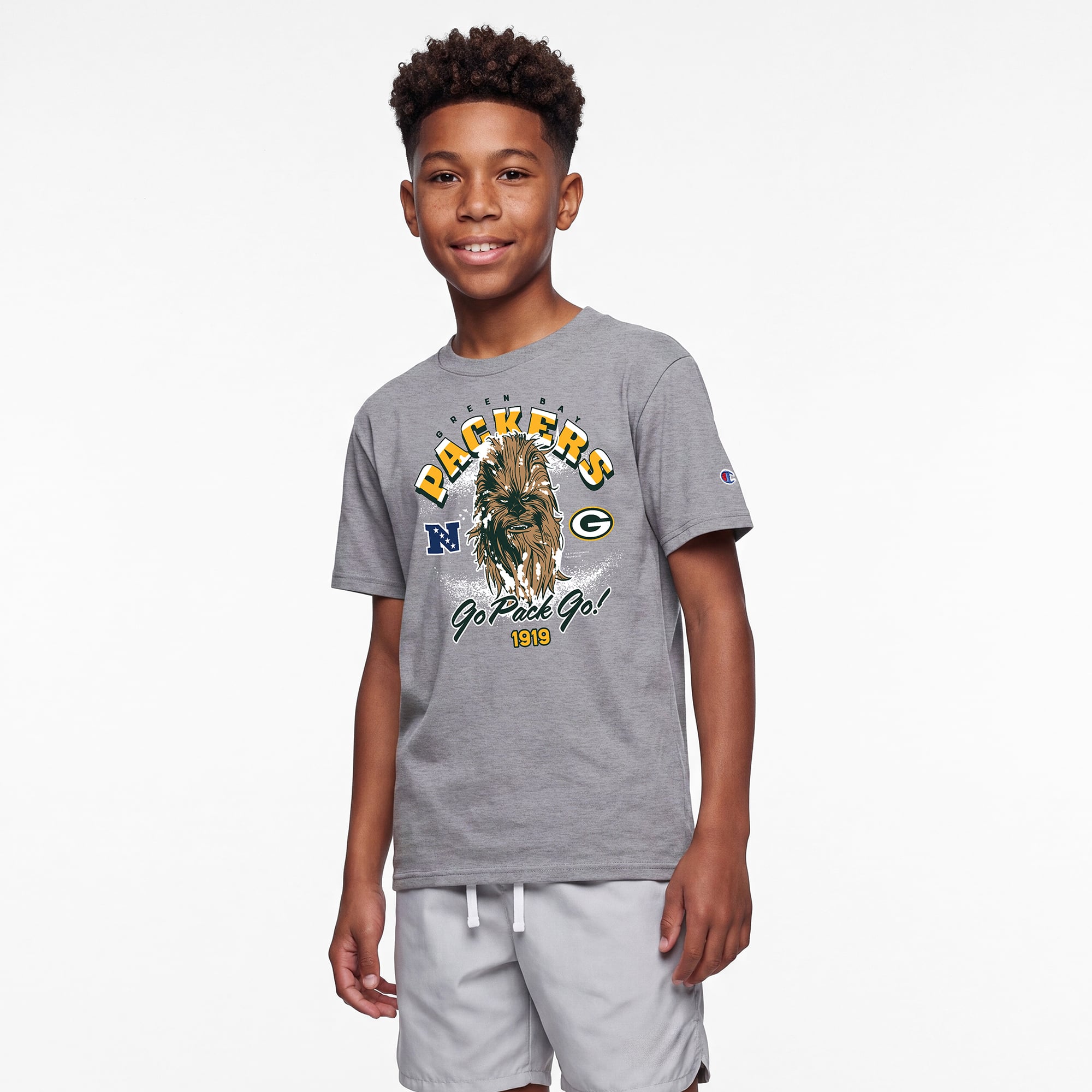 Youth Disney x Champion Heather Gray Green Bay Packers Chewbacca T-Shirt