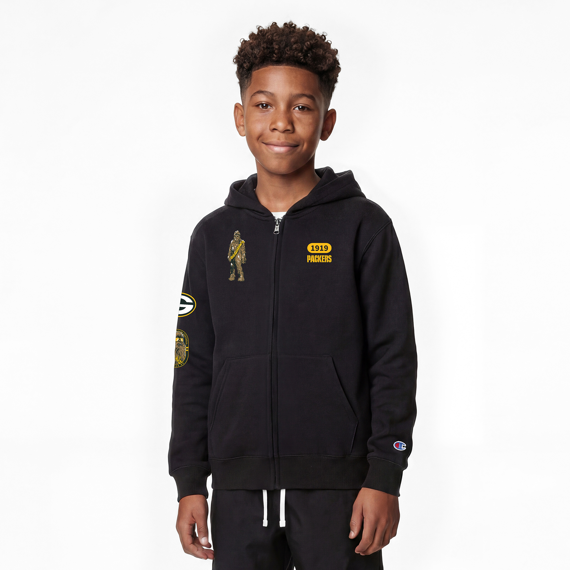 Youth Disney x Champion Black Green Bay Packers Chewbacca Full-Zip Hoodie