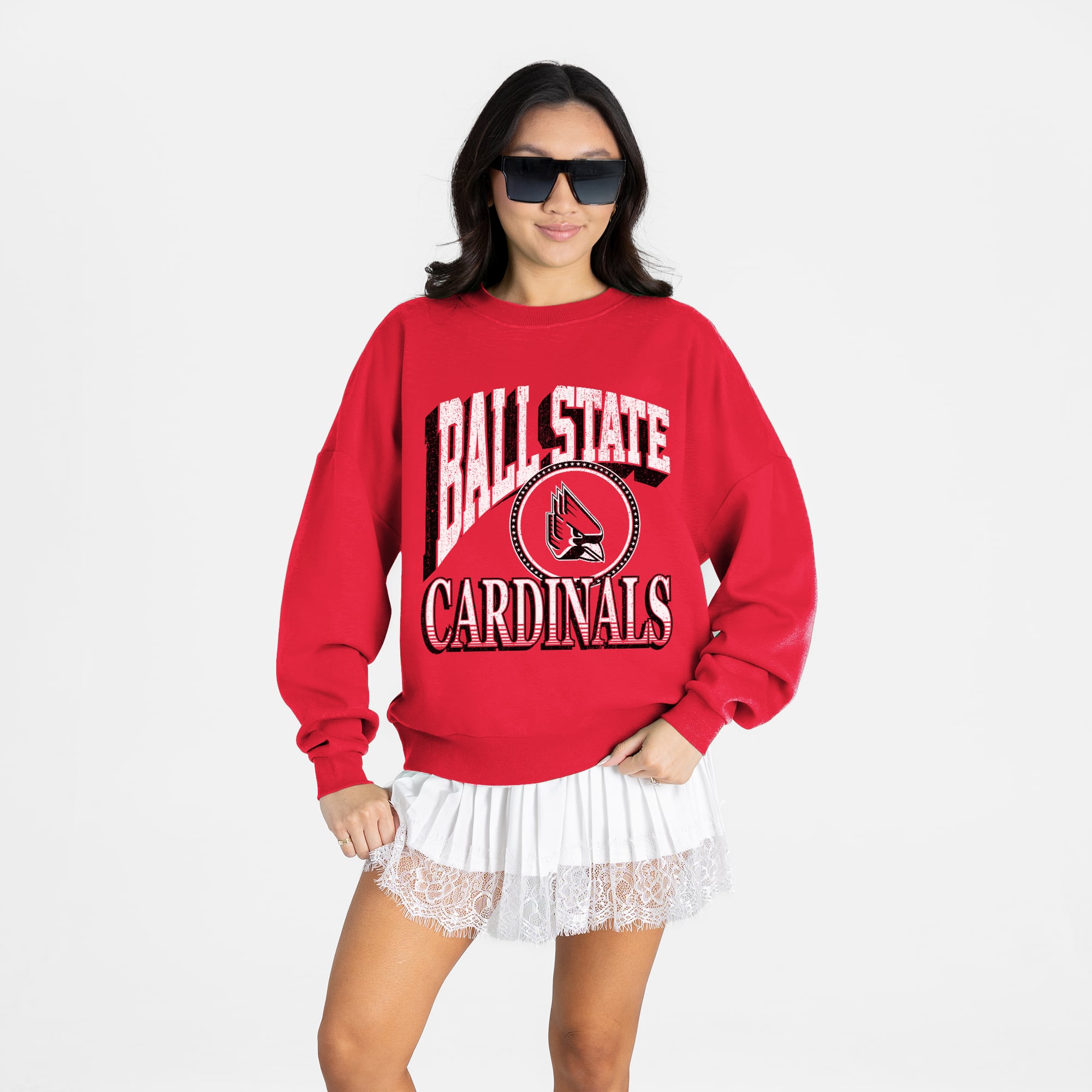 Women's Gameday Couture Red Ball State Cardinals Main Character Oversized Premium Drop Shoulder Sweatshirt