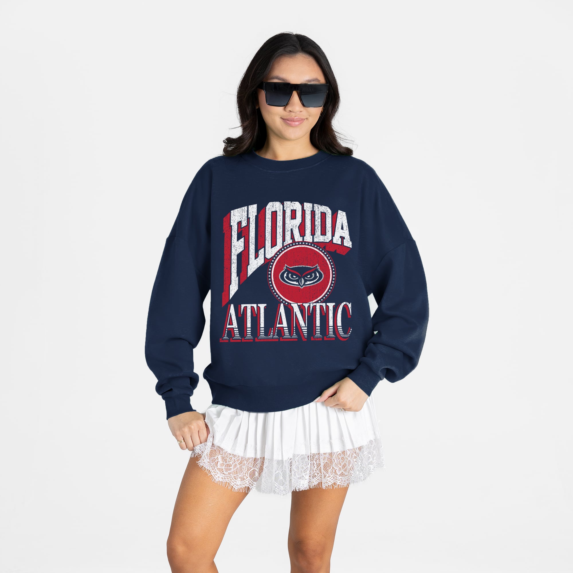 Women's Gameday Couture Navy Florida Atlantic Owls Main Character Oversized Premium Drop Shoulder Sweatshirt