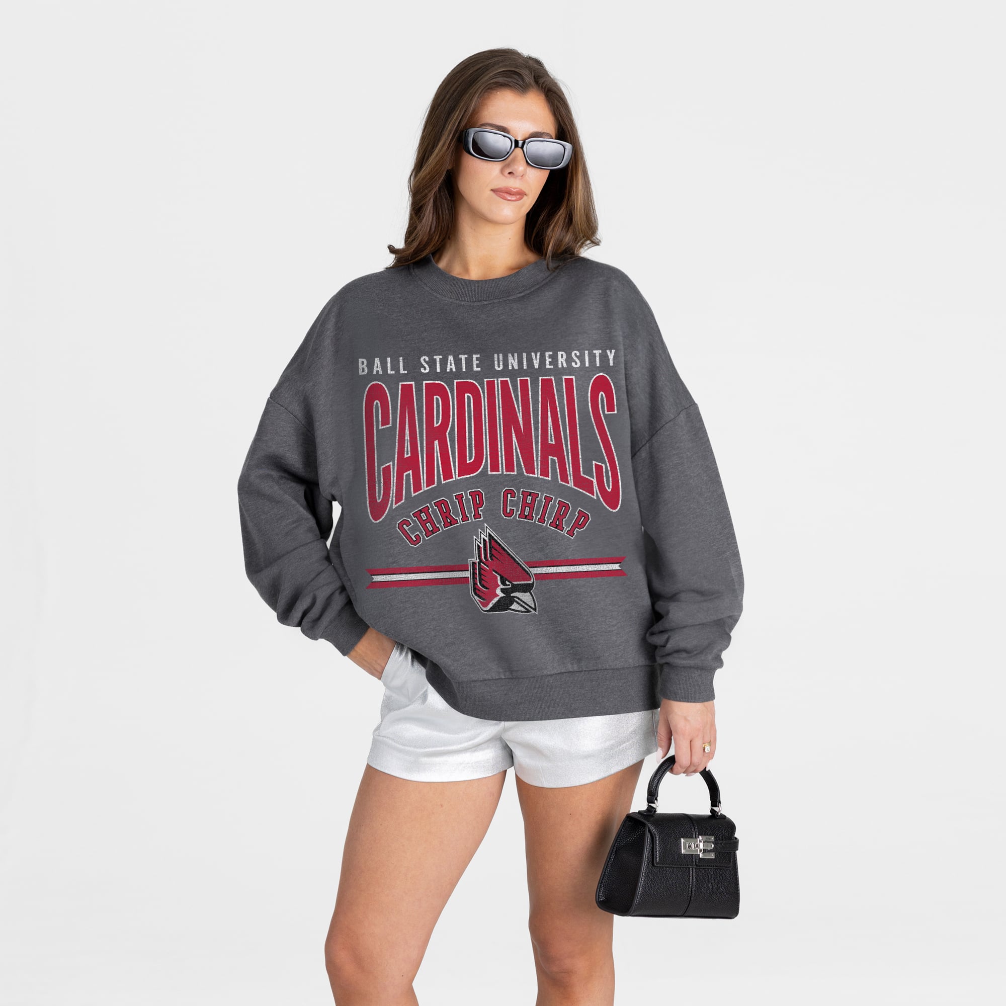 Women's Gameday Couture Charcoal Ball State Cardinals Kickoff Classic Oversized Premium Drop Shoulder Sweatshirt