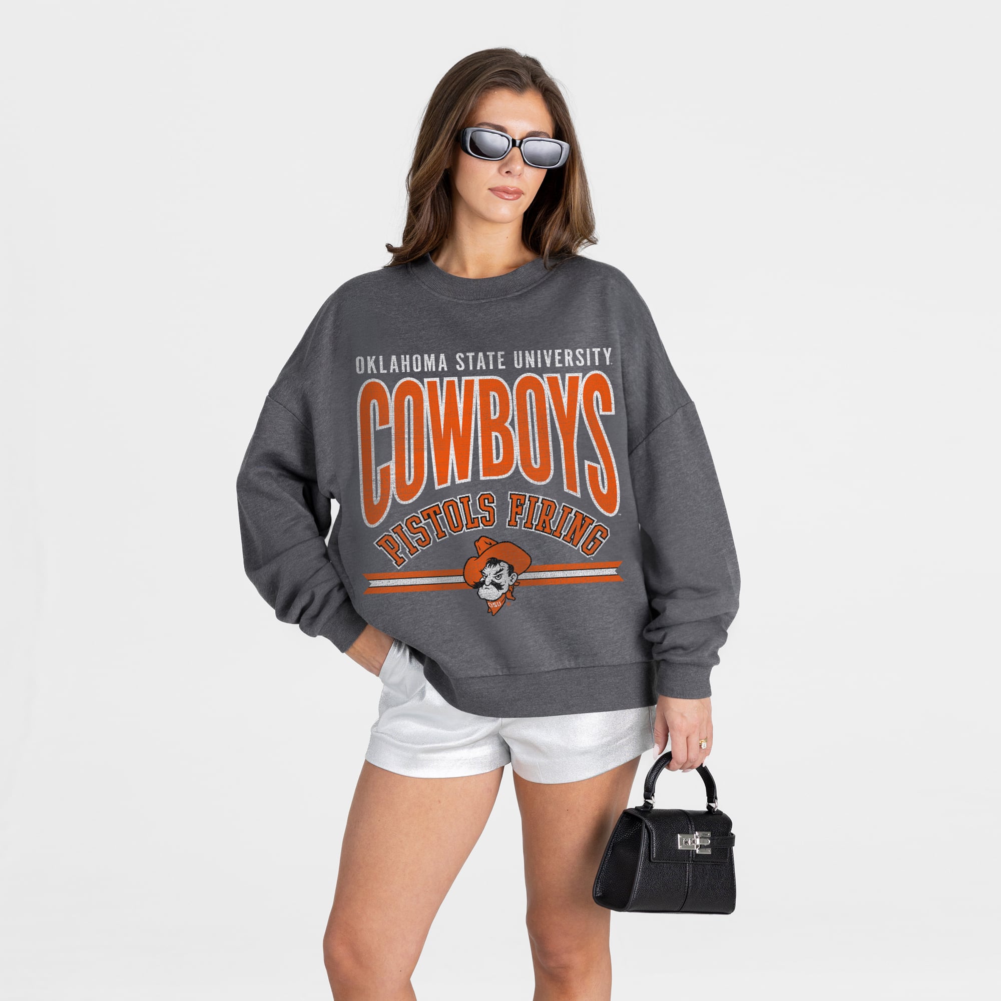 Women's Gameday Couture Charcoal Oklahoma State Cowboys Kickoff Classic Oversized Premium Drop Shoulder Sweatshirt