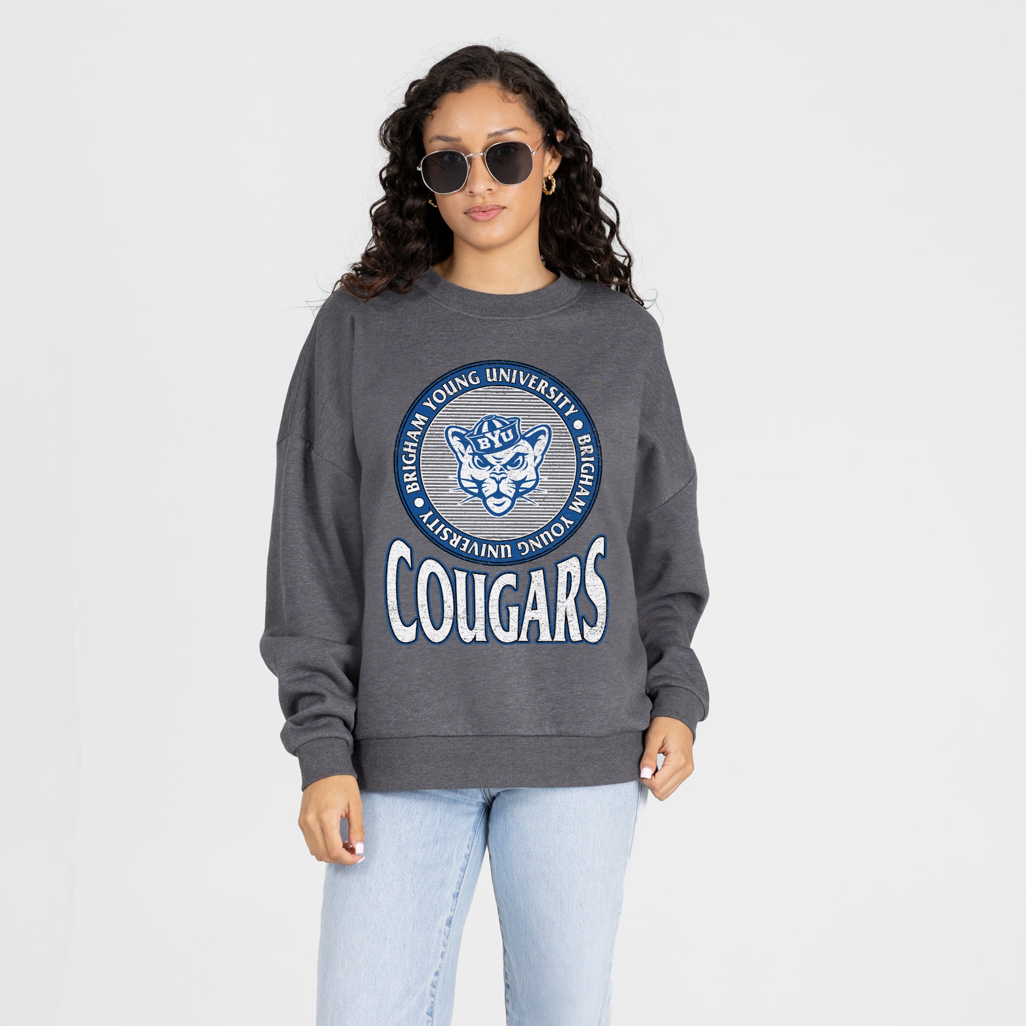 Women's Gameday Couture Charcoal BYU Cougars Saturday Seal Oversized Premium Drop Shoulder Sweatshirt