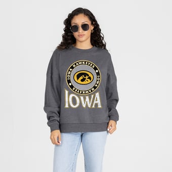 Women's Gameday Couture Charcoal Iowa Hawkeyes Saturday Seal Oversized Premium Drop Shoulder Sweatshirt