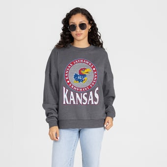 Women's Gameday Couture Charcoal Kansas Jayhawks Saturday Seal Oversized Premium Drop Shoulder Sweatshirt