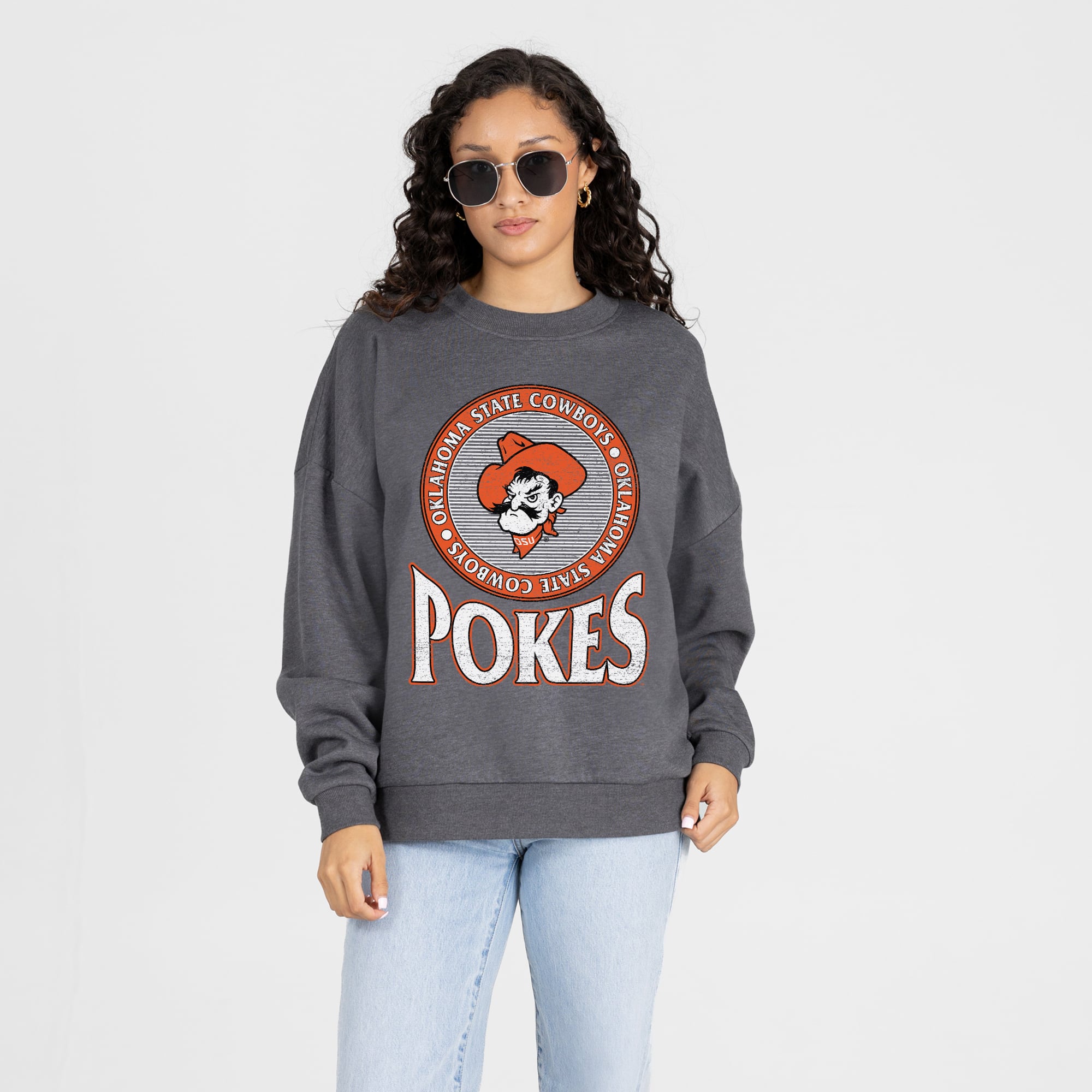 Women's Gameday Couture Charcoal Oklahoma State Cowboys Saturday Seal Oversized Premium Drop Shoulder Sweatshirt