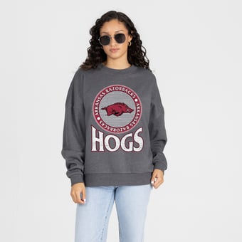 Women's Gameday Couture Charcoal Arkansas Razorbacks Saturday Seal Oversized Premium Drop Shoulder Sweatshirt