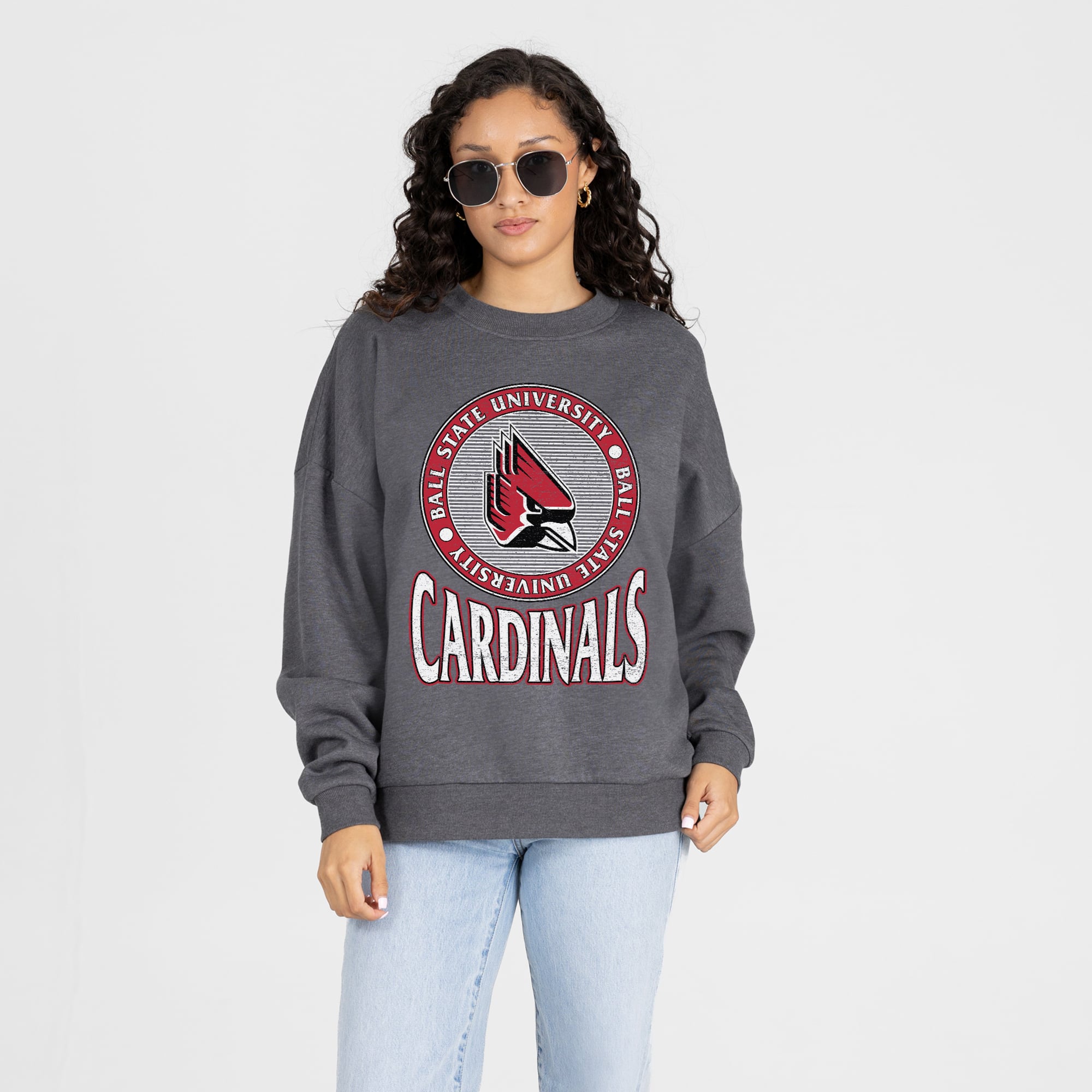 Women's Gameday Couture Charcoal Ball State Cardinals Saturday Seal Oversized Premium Drop Shoulder Sweatshirt