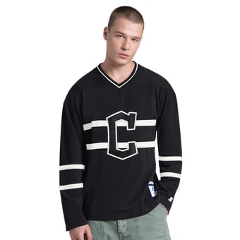Men's Starter Black Cleveland Guardians Line Up Long Sleeve V-Neck T-Shirt