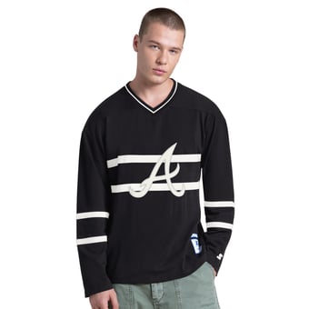 Men's Starter Black Atlanta Braves Line Up Long Sleeve V-Neck T-Shirt