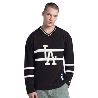 Men's Starter Black Los Angeles Dodgers Line Up Long Sleeve V-Neck T-Shirt