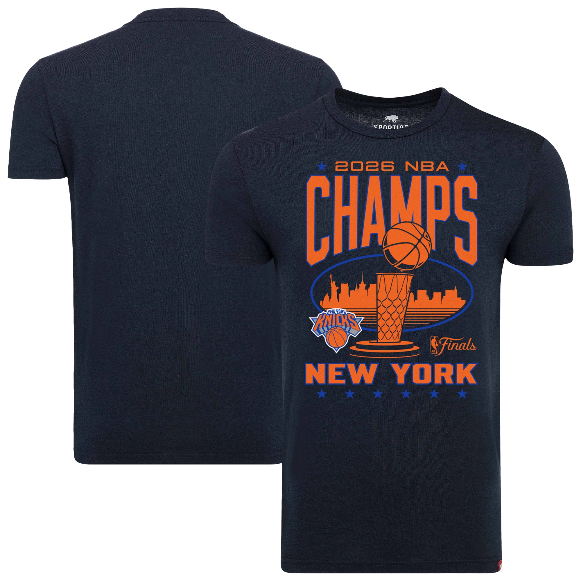 Unisex Sportiqe Navy New York Knicks 2026 NBA Finals Champions Trophy Skyline T-Shirt