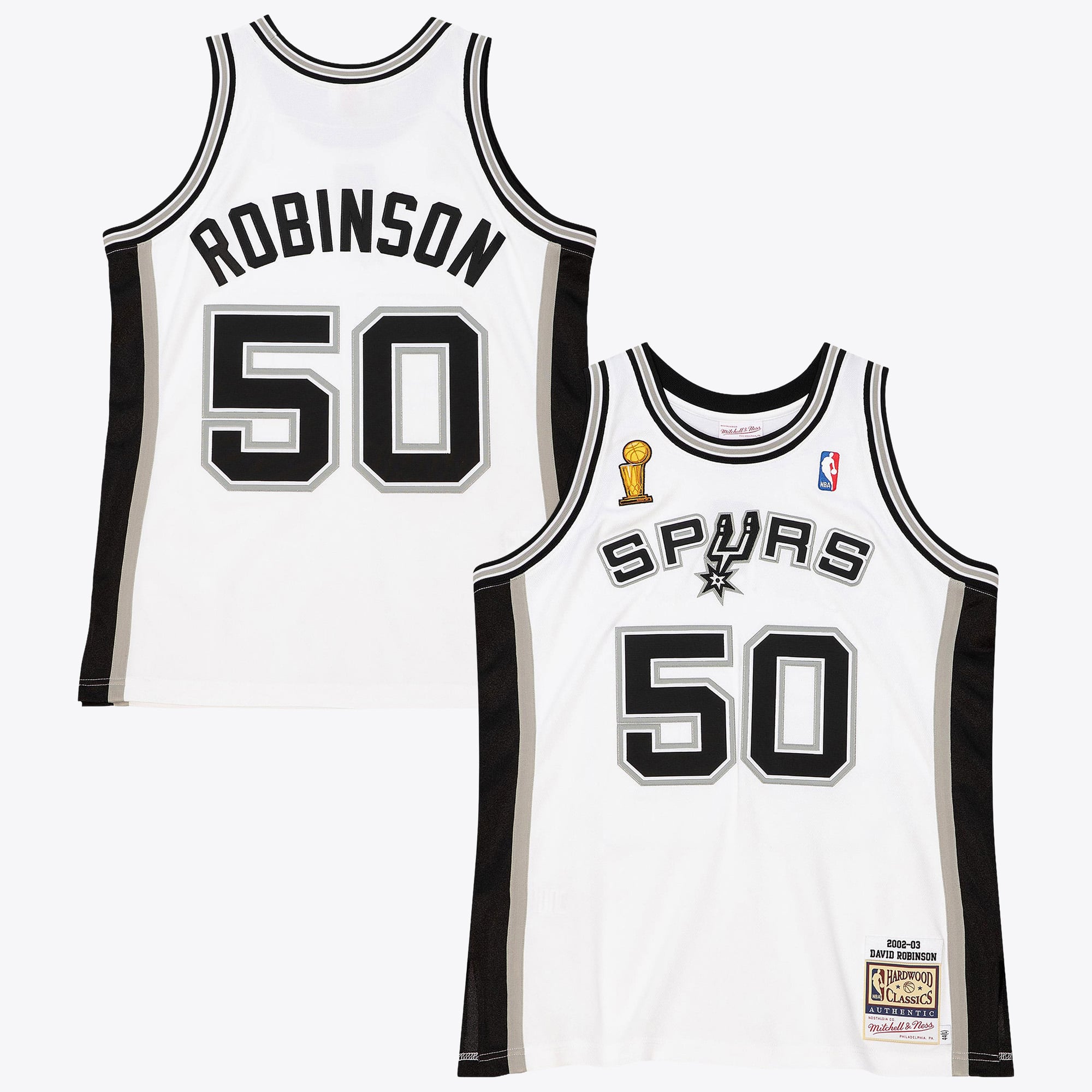 Maillot authentique domicile des finales 2002 des San Antonio Spurs, signé Mitchell & Ness et David Robinson - Blanc