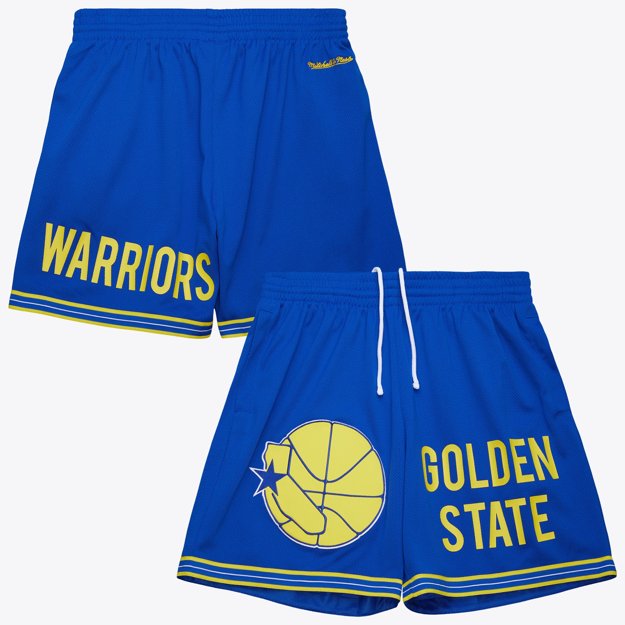 Short en maille 7 pouces Golden State Warriors Mitchell & Ness Team Origins, logo vintage - Bleu royal - Homme
