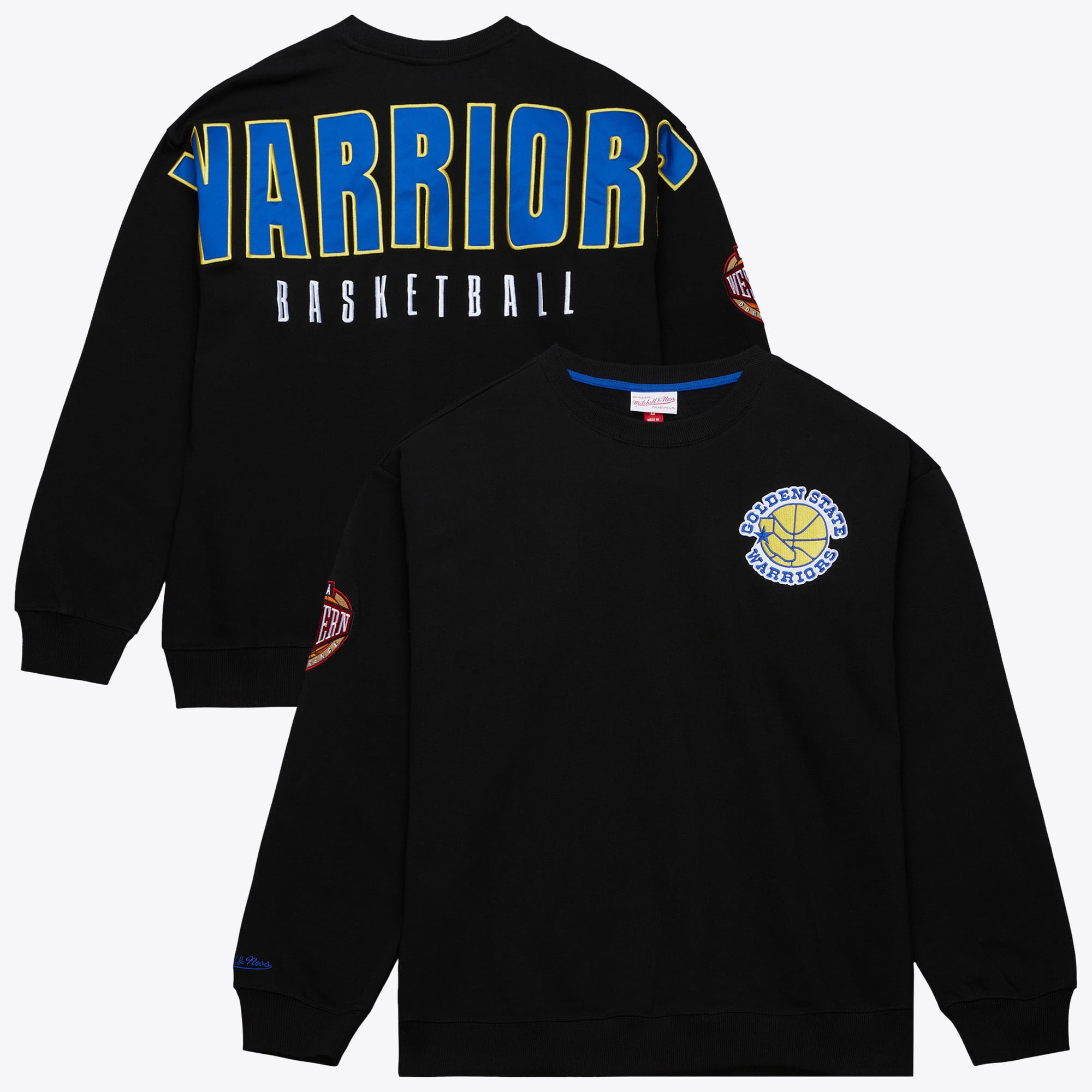 Sudadera de felpa satinada con cuello redondo y estampado de los Golden State Warriors de Mitchell & Ness Team First - Negra - Para hombre