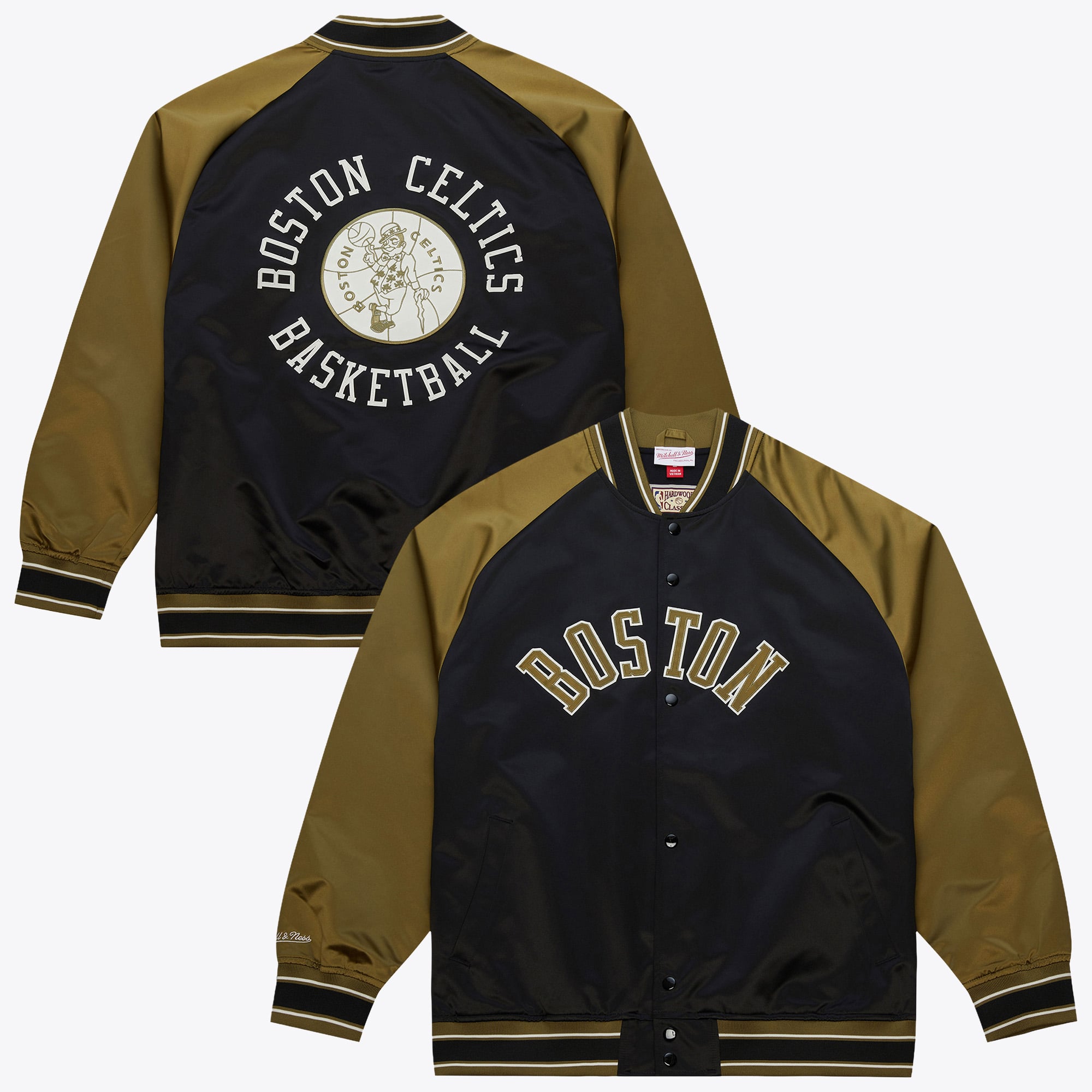 Boston Celtics Mitchell & Ness Double Clutch Leichte Satinjacke – Oliv/Schwarz – Herren
