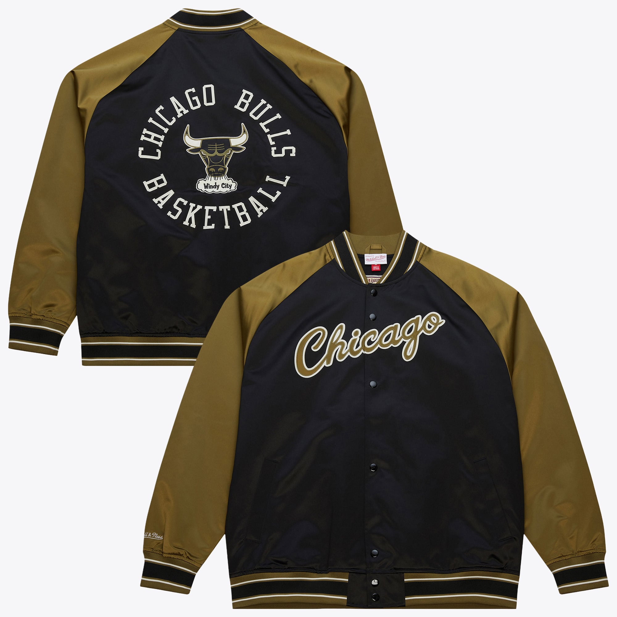 Chicago Bulls Mitchell & Ness Double Clutch Lightweight Satin Jacket - Olive/Black - Mens