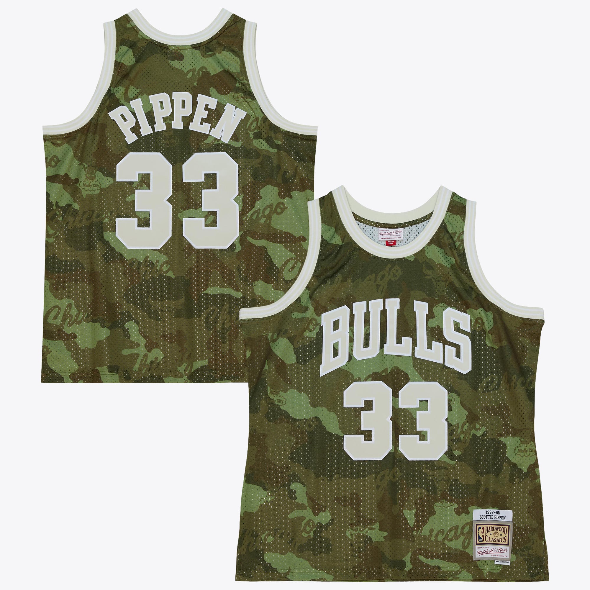 Camiseta Swingman de Scottie Pippen de los Chicago Bulls de Mitchell & Ness, modelo 1997, con estampado de camuflaje fantasma - Verde