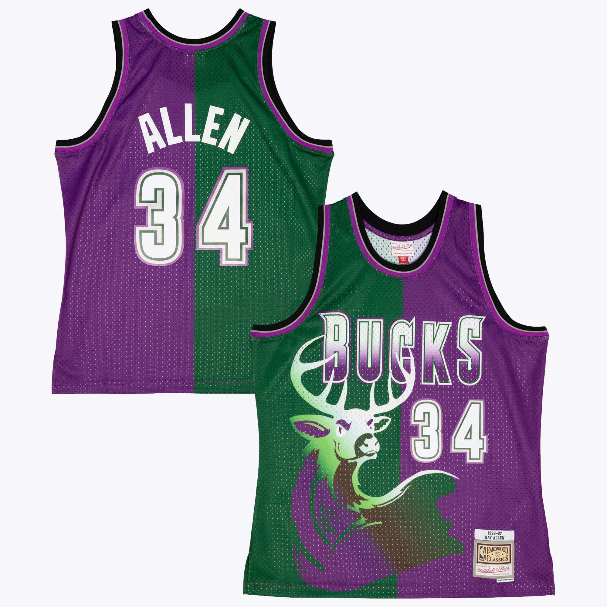 Camiseta Swingman dividida Mitchell & Ness Ray Allen de los Milwaukee Bucks de 1996 - Verde/Morado