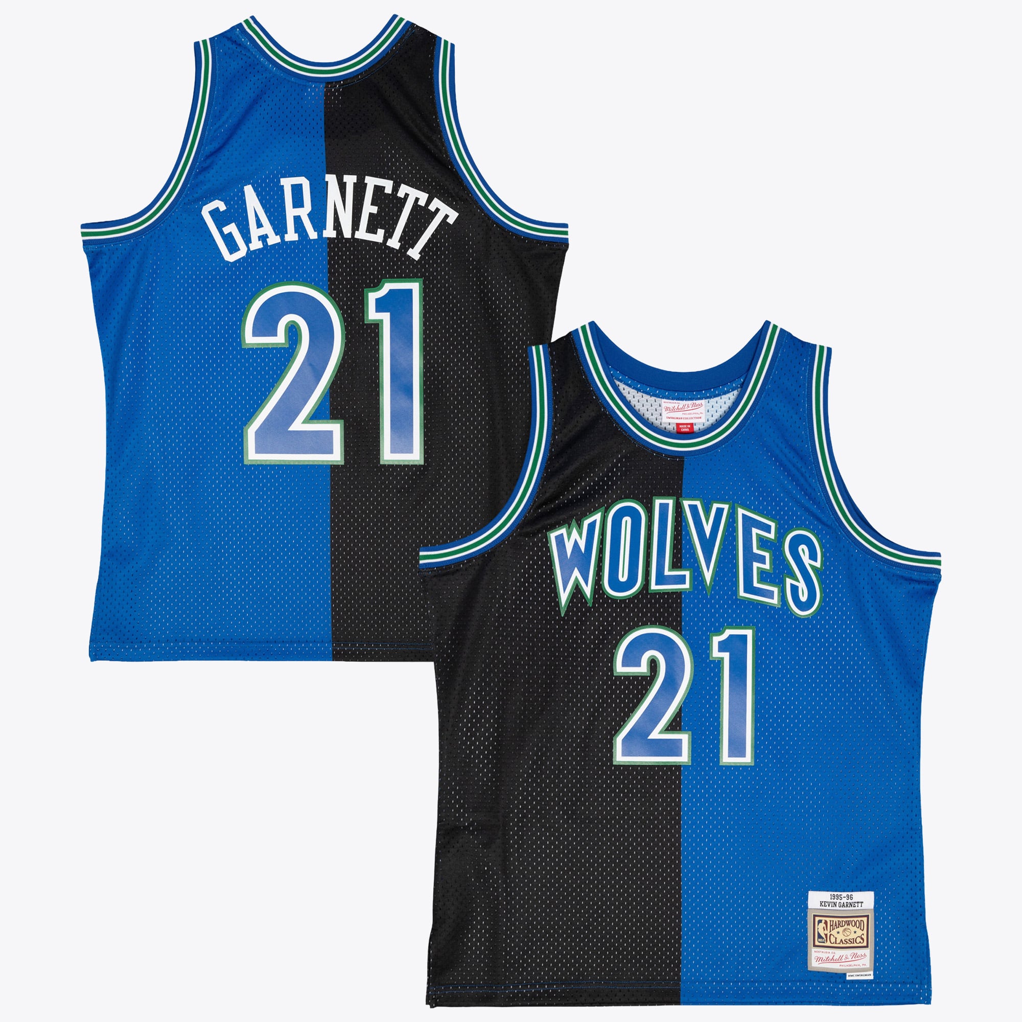 Camiseta Split Swingman de Kevin Garnett de los Minnesota Timberwolves de Mitchell & Ness, año 1995 - Azul/Negro